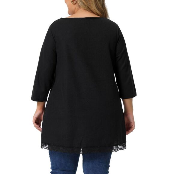 Plus Size Blouse Waffle 3/4 Sleeve Round Neck Lace Panel High Low Hem Tops Black - Picture 4 of 6